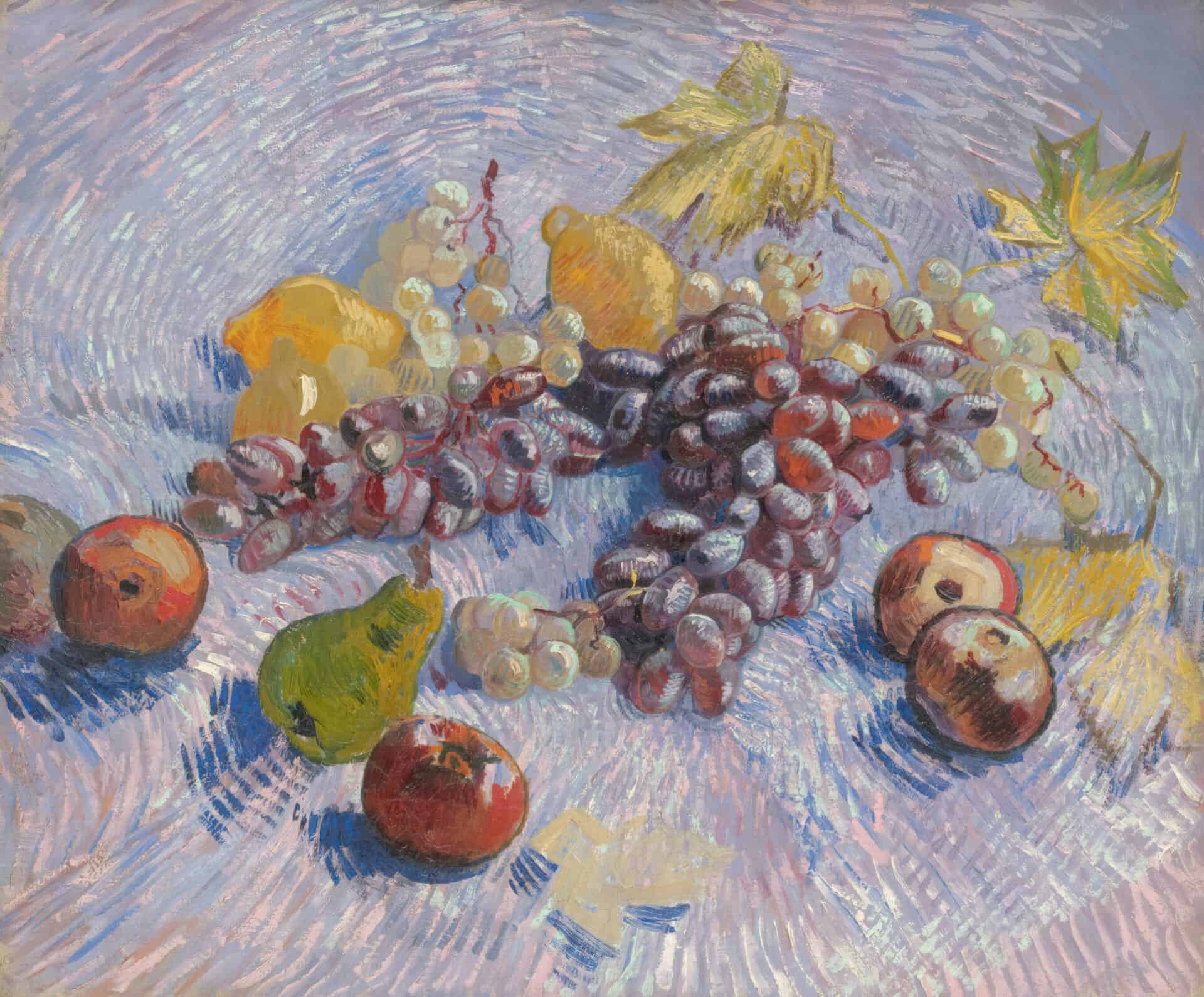 Impressionist painting of colorful fruits on a textured surface.