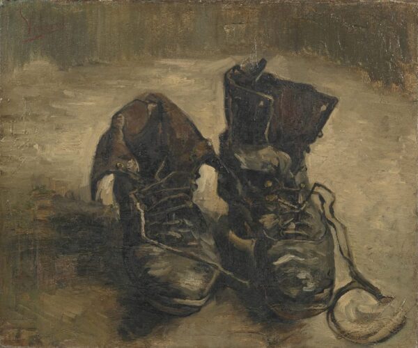 Painting of worn, old leather shoes on neutral background.